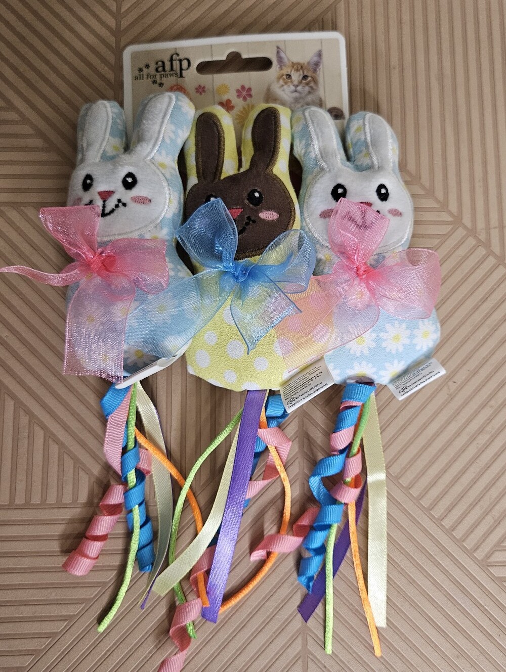 NEW All For Paws Bunny Ribbon Cat Toys - Pastel Blue, Pink, Yellow